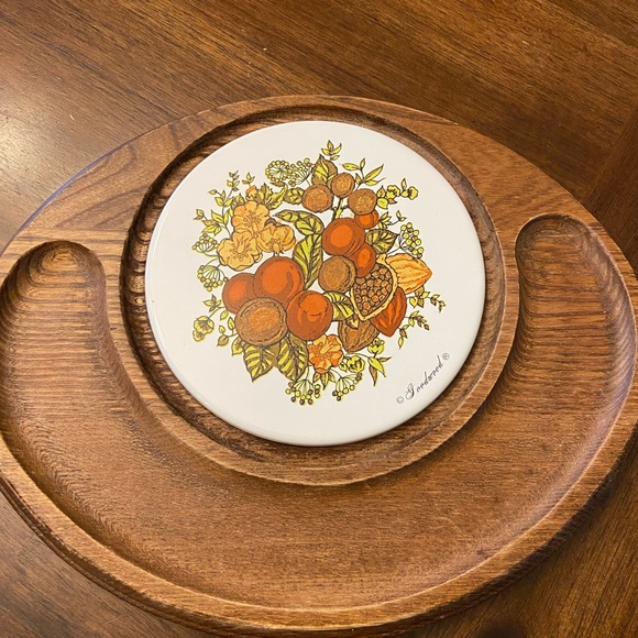 Vintage MCM Goodwood Teak Oval charcuterie Cheese Board Ceramic Board Glass Dome - Picture 3 of 6
